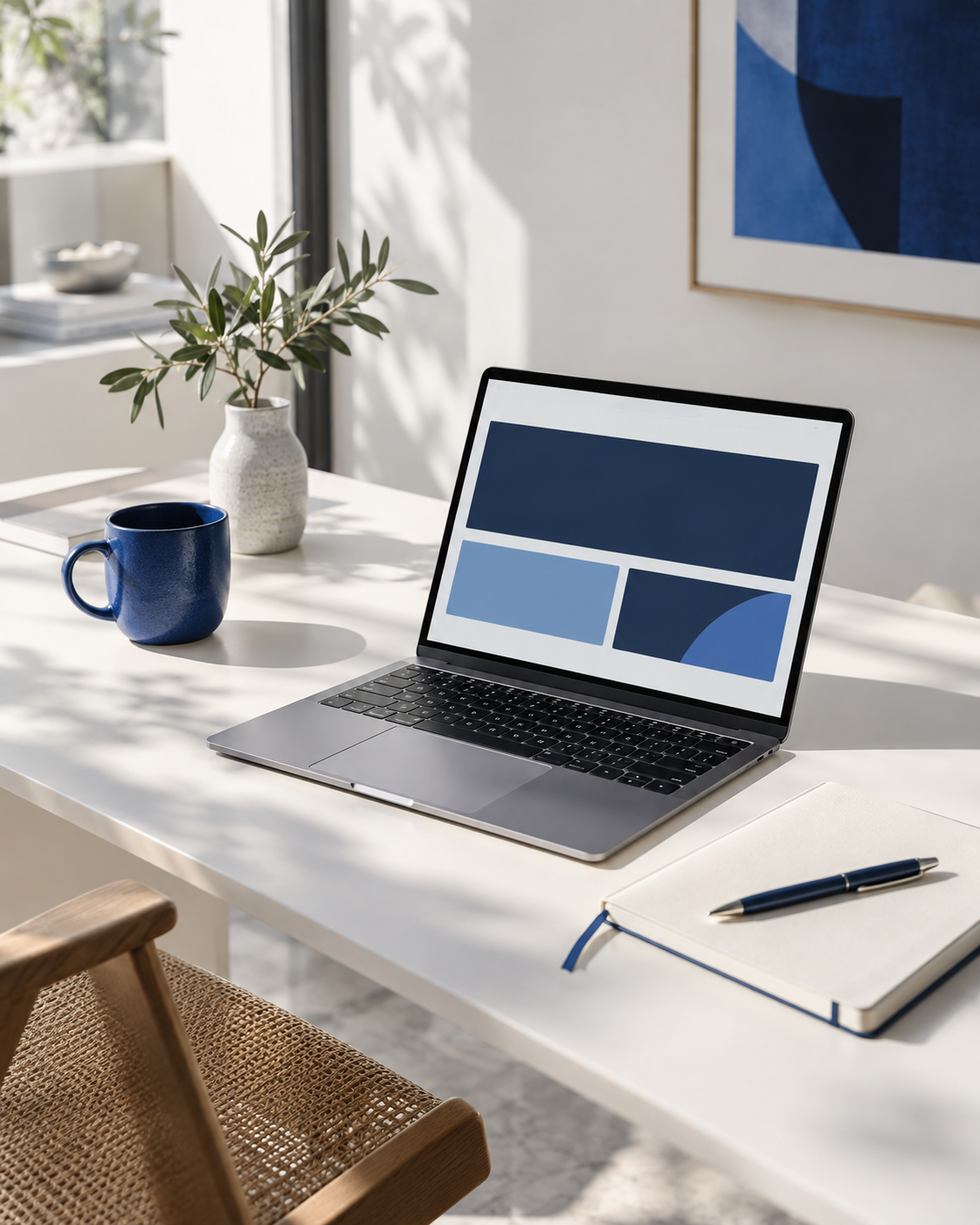 A sunlit workspace with a laptop, notebook, and pen